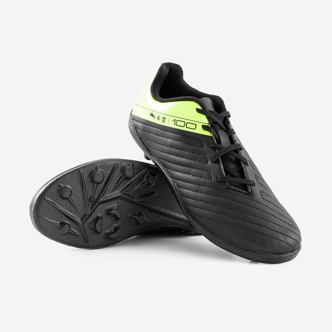 Kids Lace Up Football Boots 100 FG Black Yellow Decathlon Bahrain